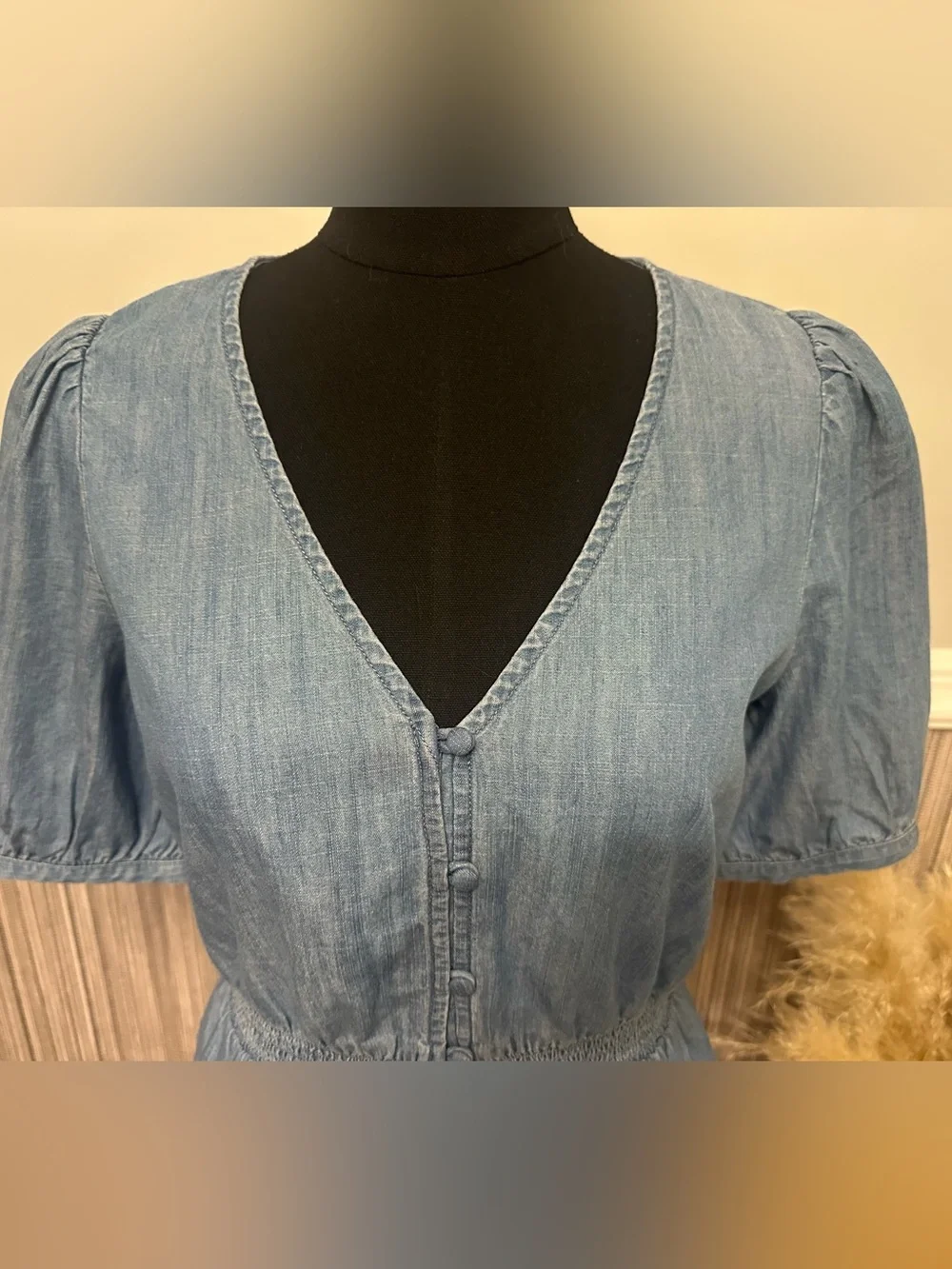 Madewell Chambray Smocked Waist Puff Sleeve Peplum Top NWT Size 2
